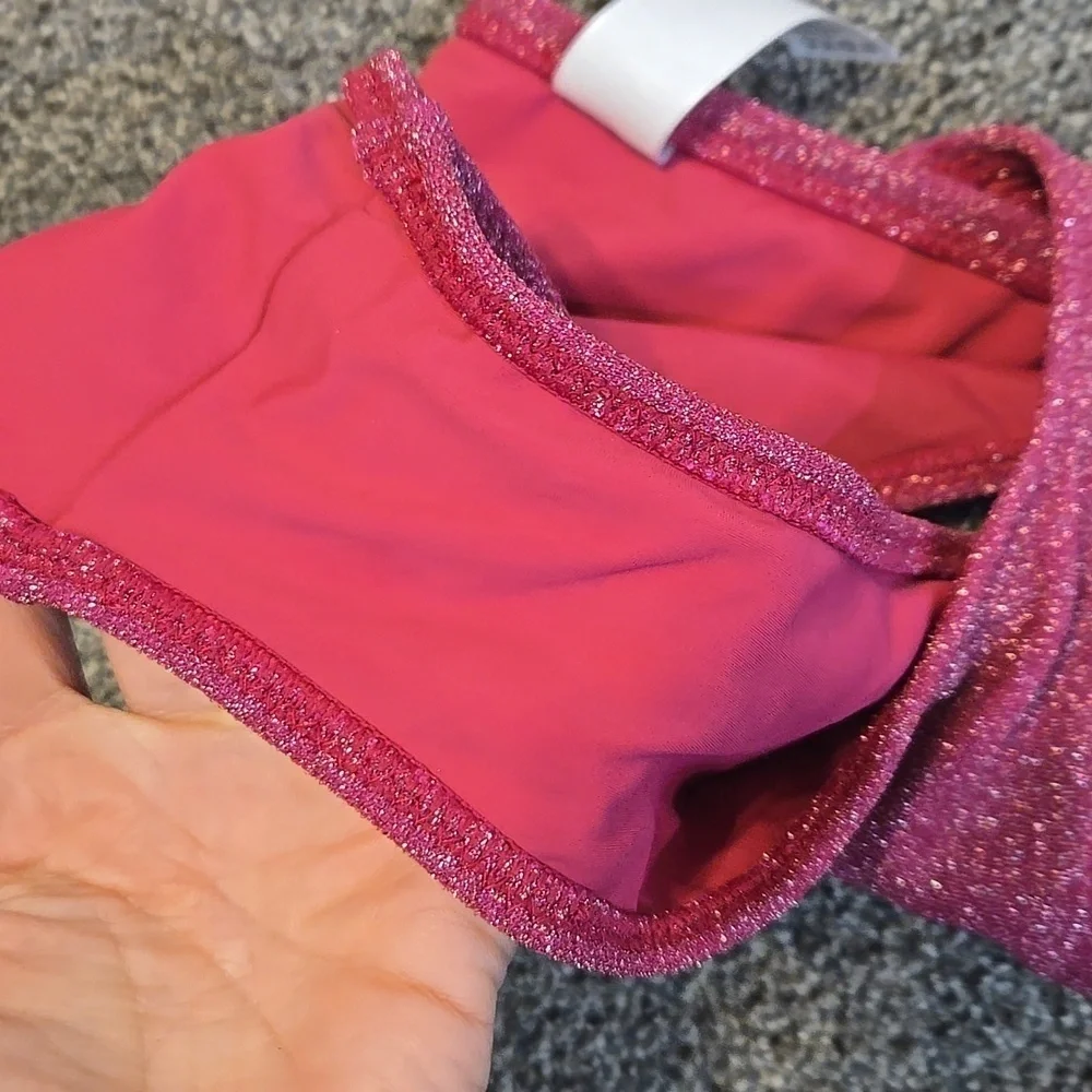NWT Good American Women Hawaiian Pink Glitter Bikini Bottom Swim Sz 2/M